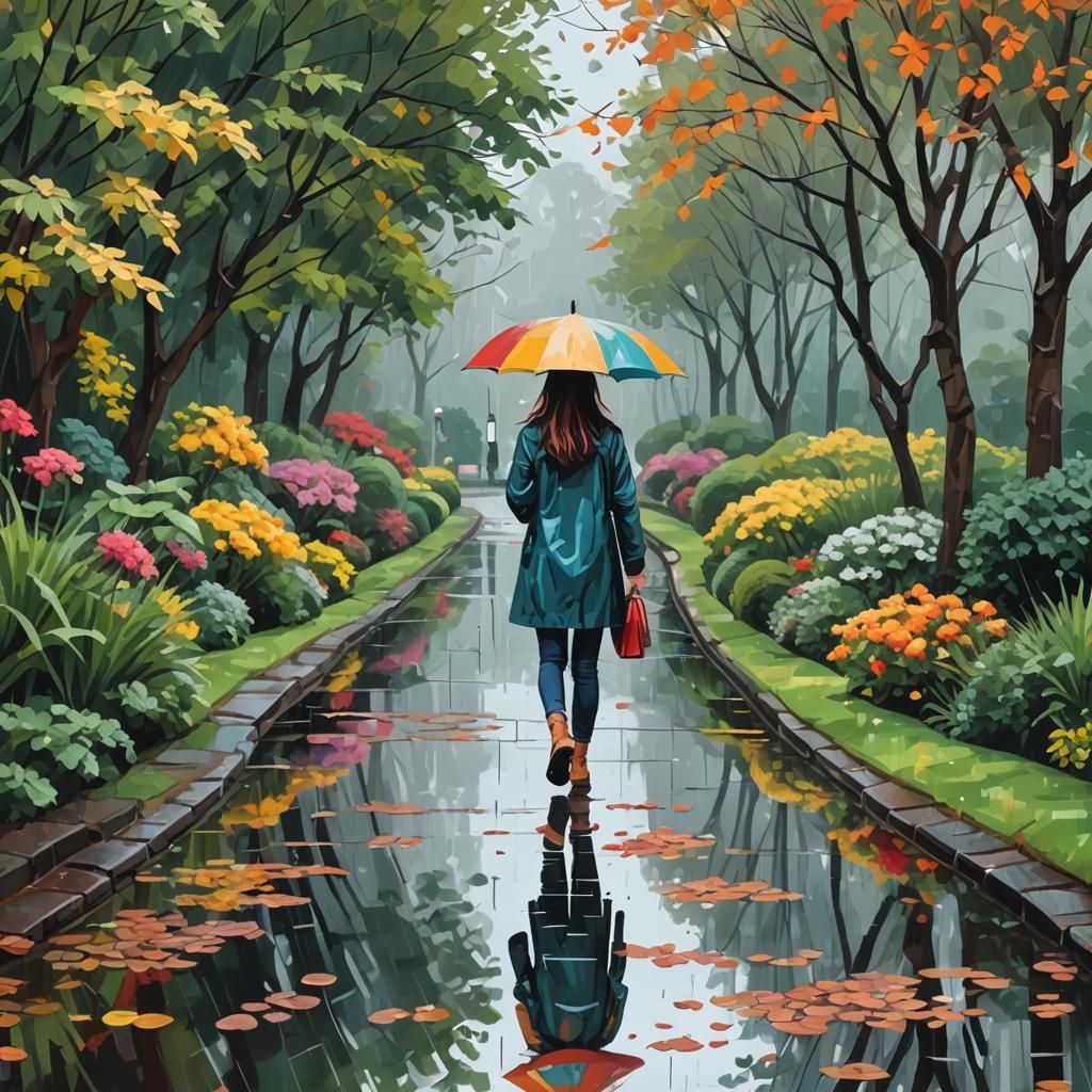 Girl with Umbrella in Rainy Garden Path: Abstract Art