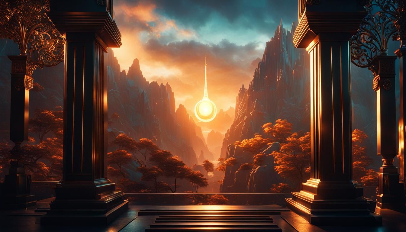 Ethereal Art Deco Landscape with Dramatic Lighting