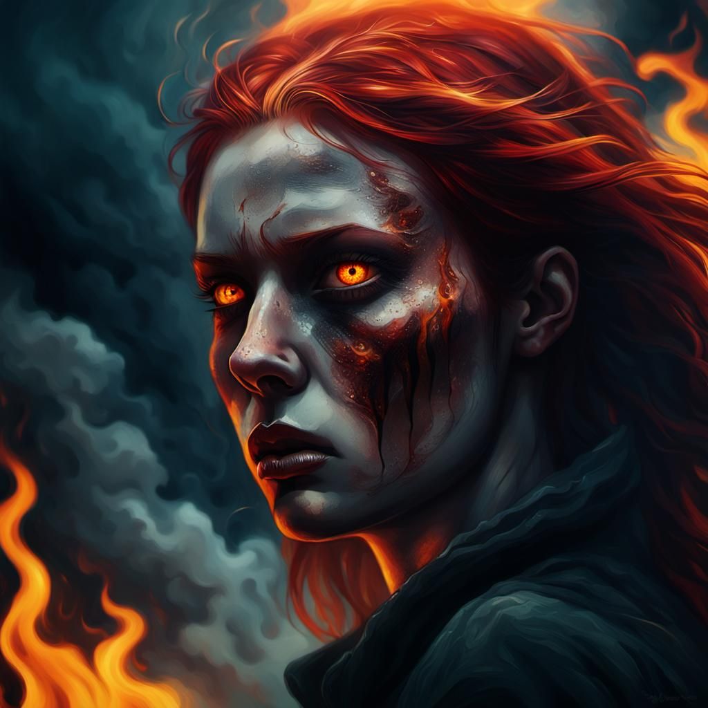 Fiery Demon Girl in Dark Fantasy Illustration