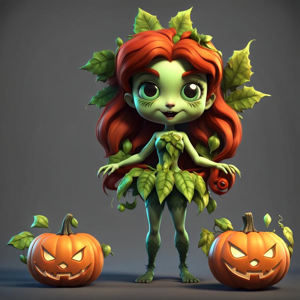 Adorable Poison Ivy with Jack-o-Lantern, Pixar Style