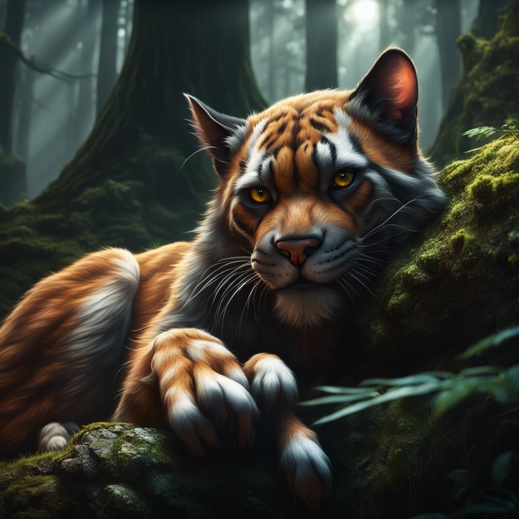 Cougar Resting in Forest: Detailed Matte Painting