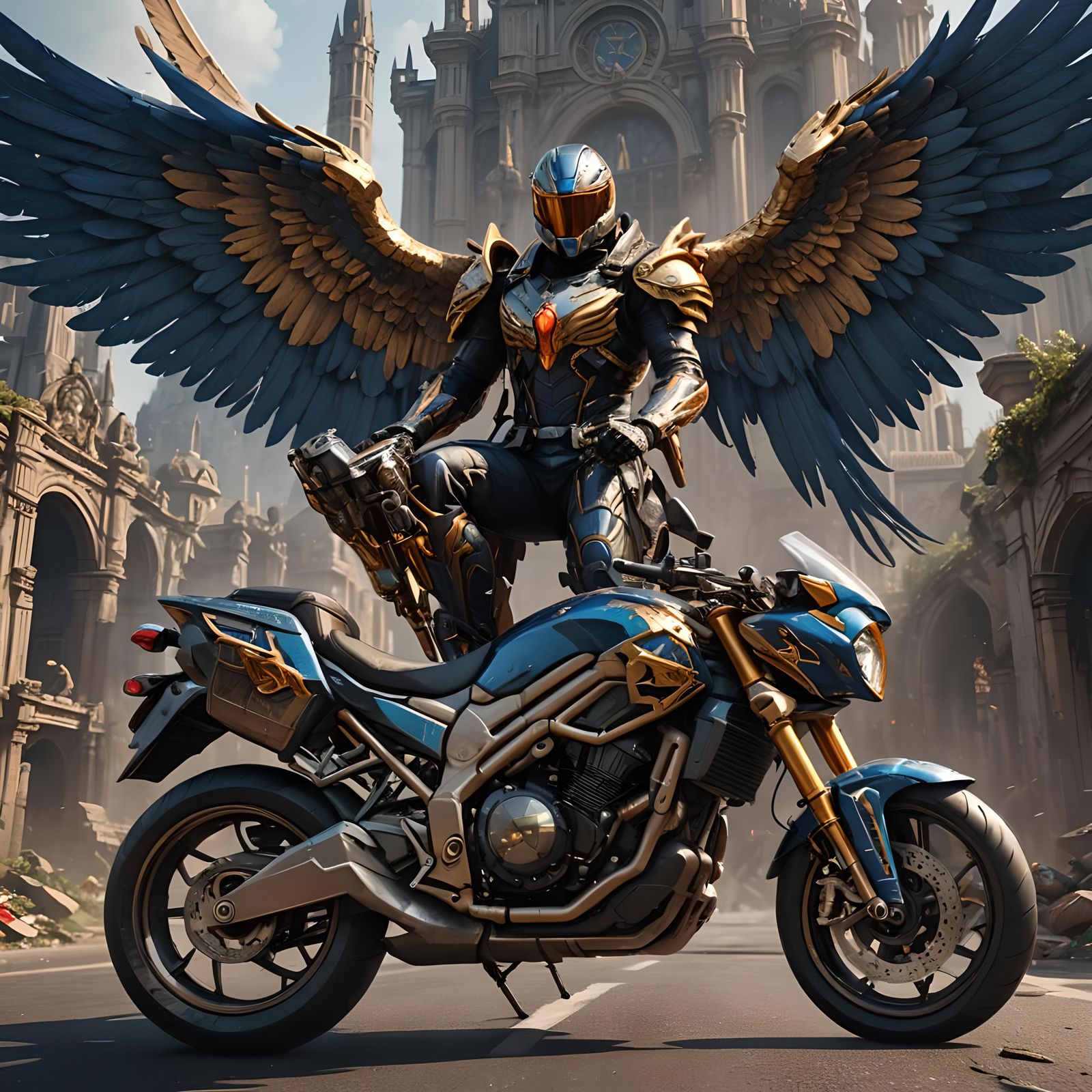Archangel Rides Sports Bike: Detailed Fantasy Concept Art