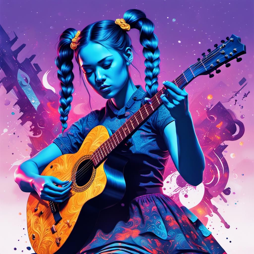 Surreal Guitar Girl: Double Exposure Collage Art