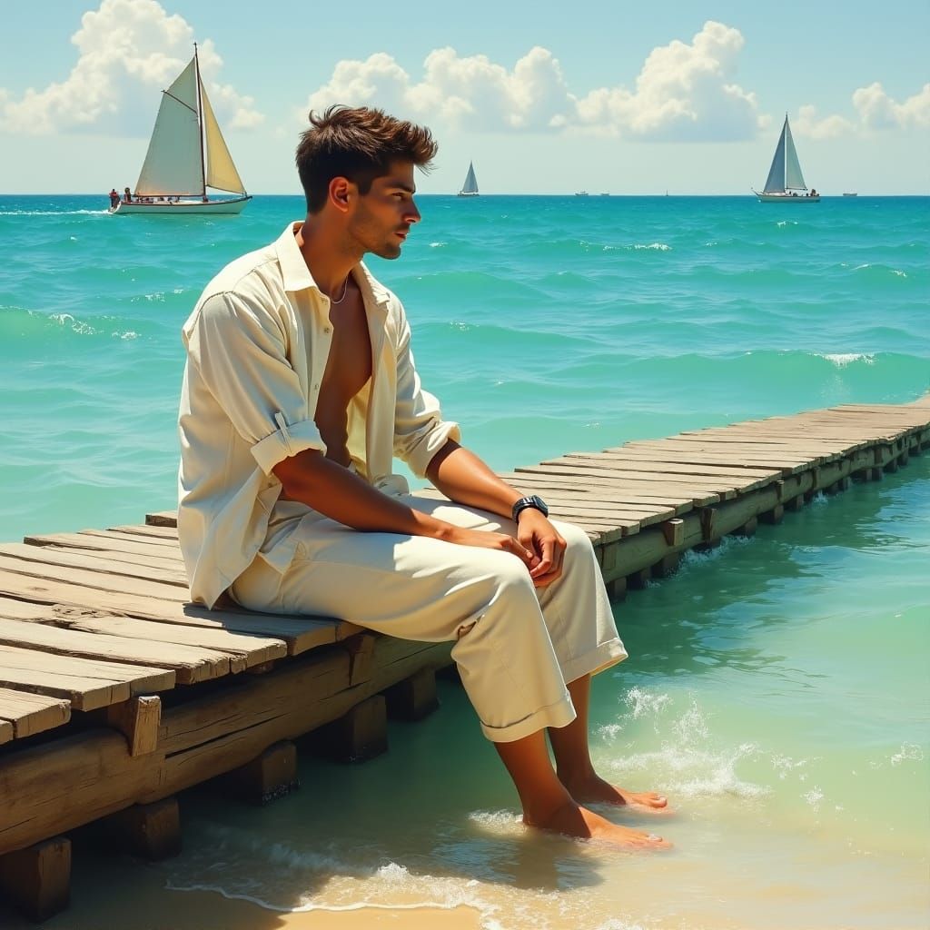 Young Man on Dock, Impressionistic Painting Style