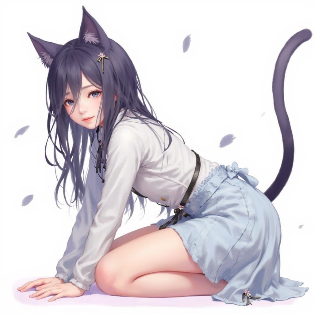 Catgirl Crouching and Looking at the Camera