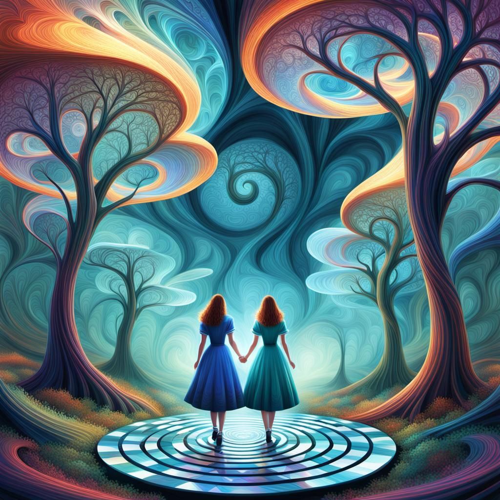 Alice and Dorothy in Abstract Fractal Landscape