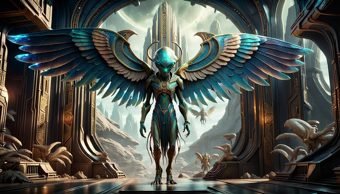 Winged Alien with Human Face in 3D Graphics