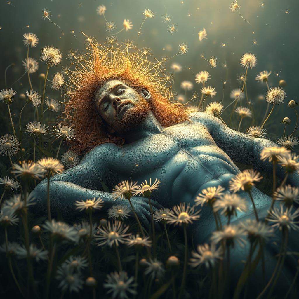 Ethereal Prince in Dandelion Field, Bio-Art Style