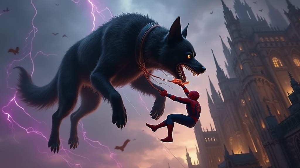 Majestic Dog Battles Spider-Man in Dark Fantasy Cityscape