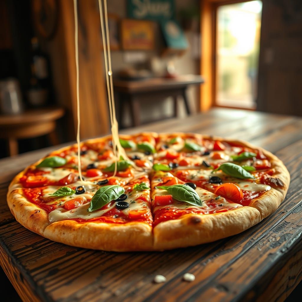 Hyper-Realistic Pizza in Warm, Golden Light