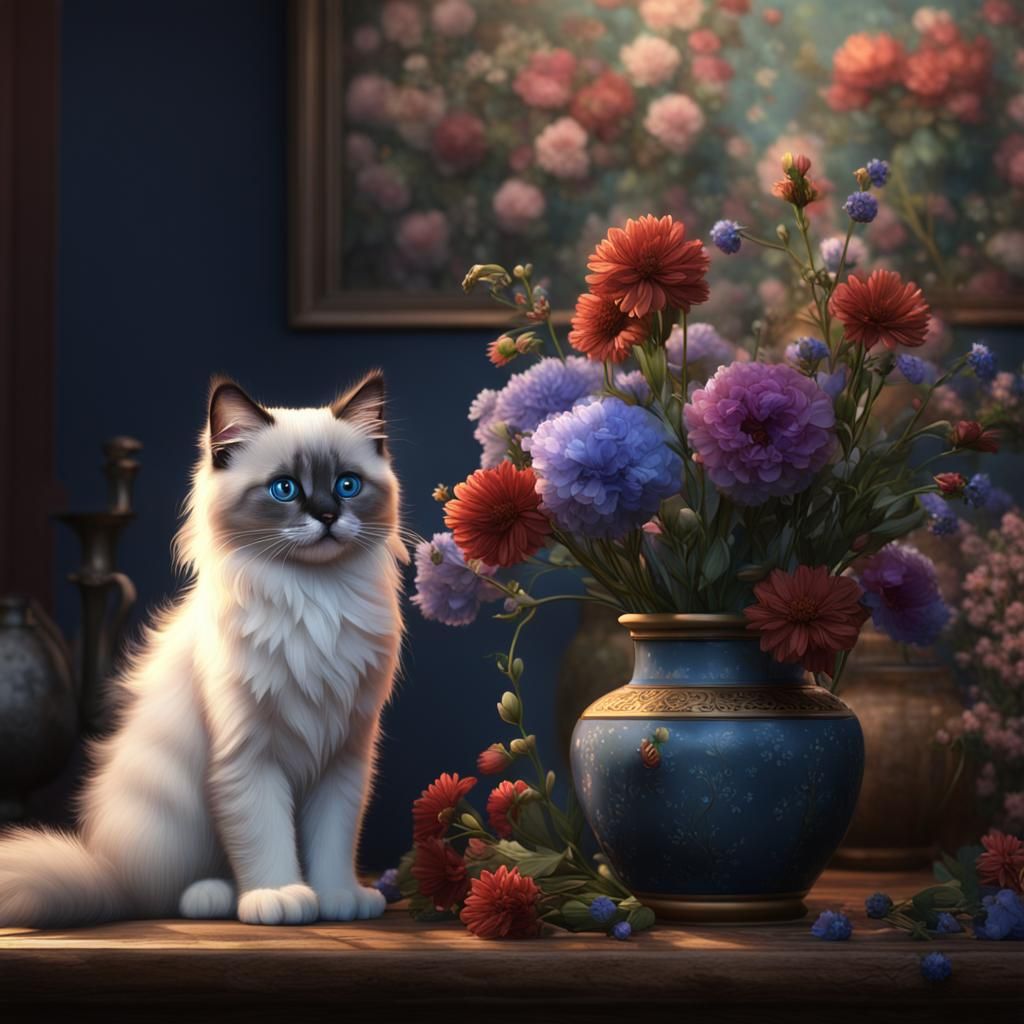 Ragdoll Kitten with Flowers: Detailed Matte Painting