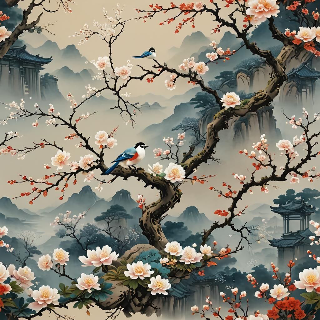 Meditative Flower Field in Chinese Landscape Style