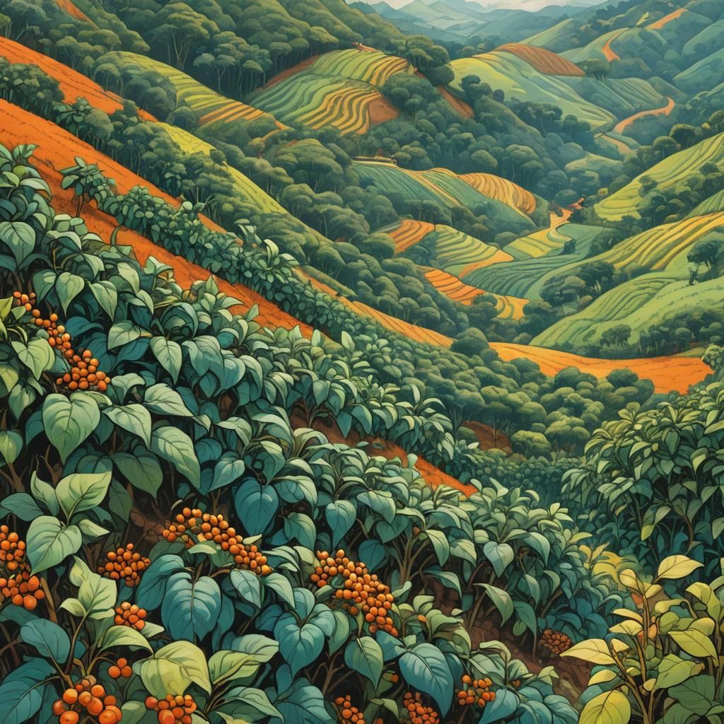 Whimsical Coffee Plantation in Brazil, Inspired by Art Nouve...