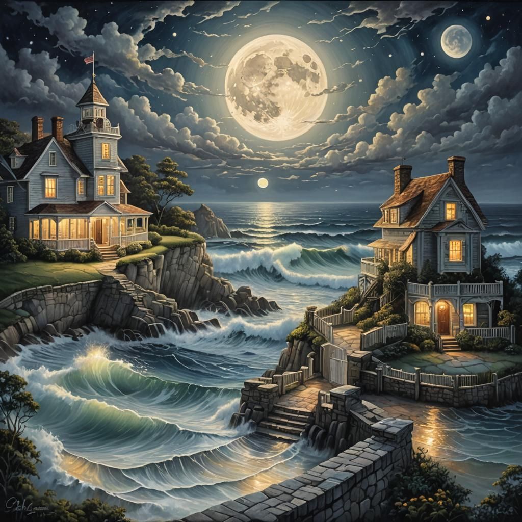 Moonlit Manor Overlooking Ocean Waves