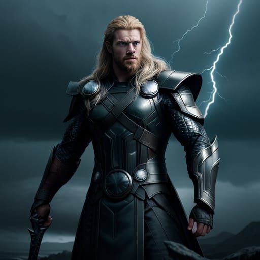 Heroic Thor in Stormy Asgardian Landscape, Cinematic Film St...