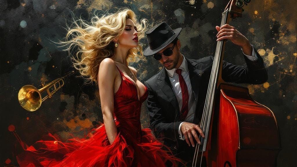 Glamorous Singer in Crimson Dress, Vintage Style