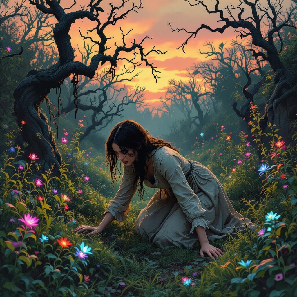 Woman Crawls Through Mysterious Garden at Dusk