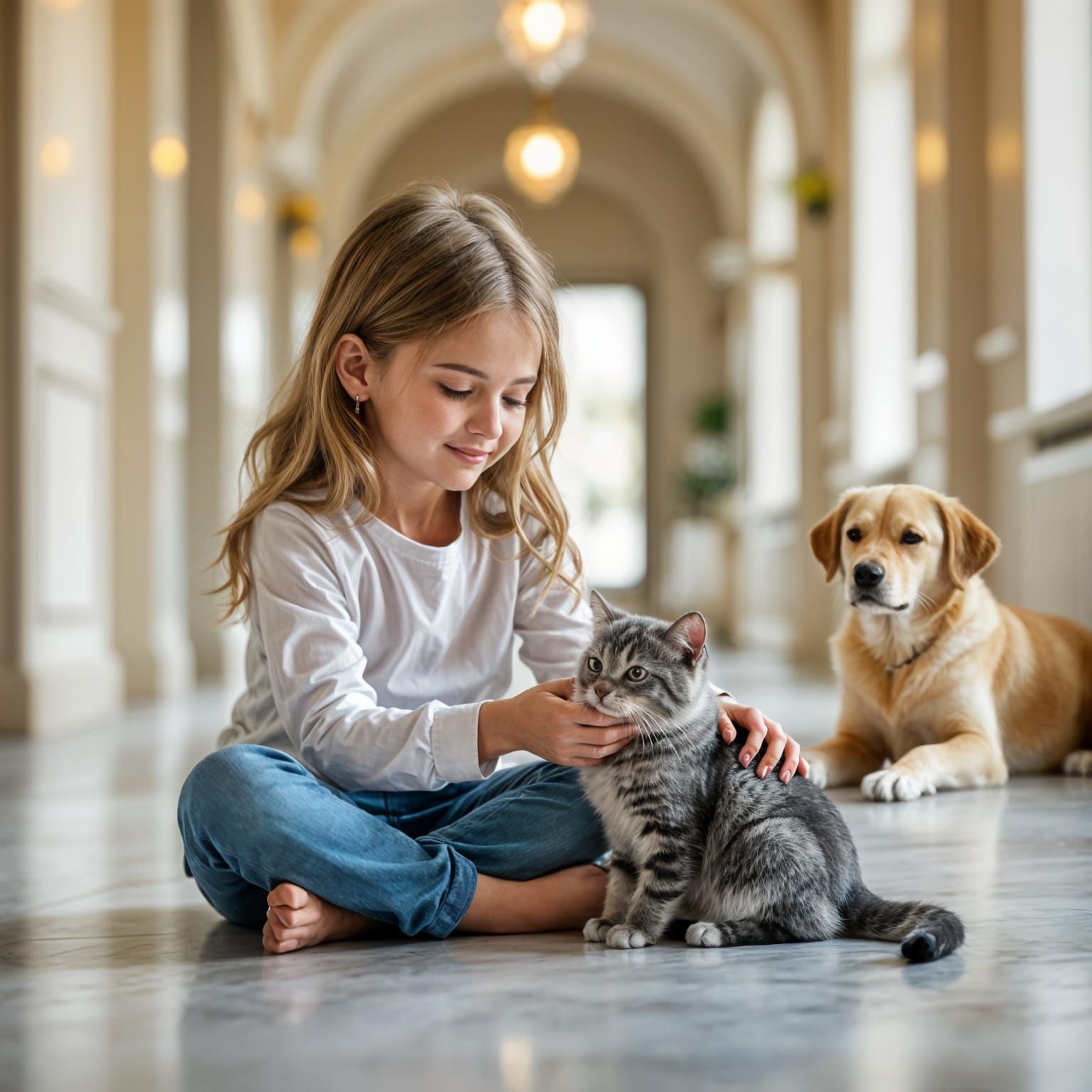 Girl Gently Petting Kitten in Elegant Home