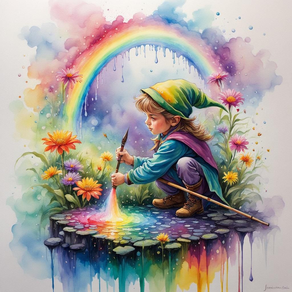 Magical Elf Creates Rainbow, Watercolor and Ink Style