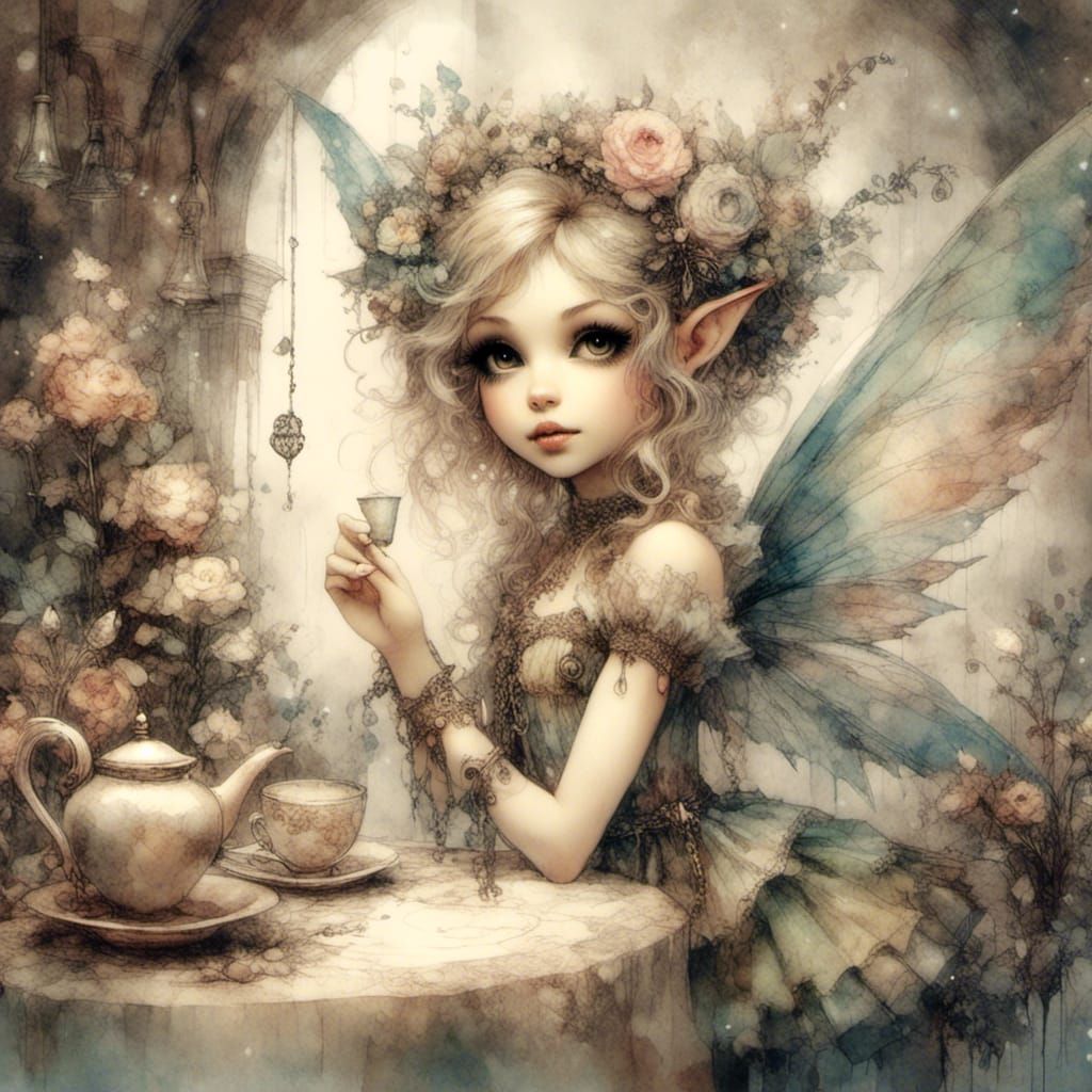 Adorable Pixie Sitting in a Cafe