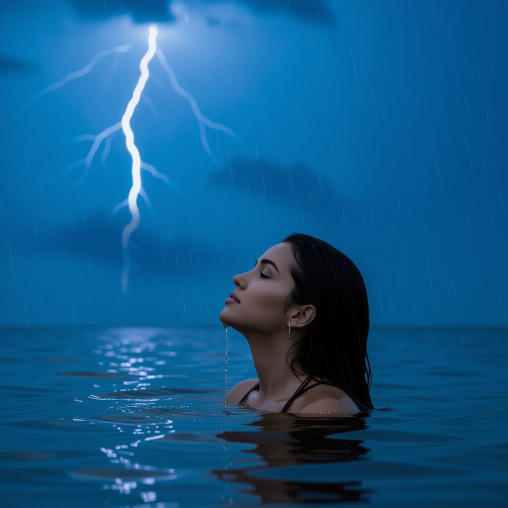 Woman Gazes Up at Stormy Sky with Lightning