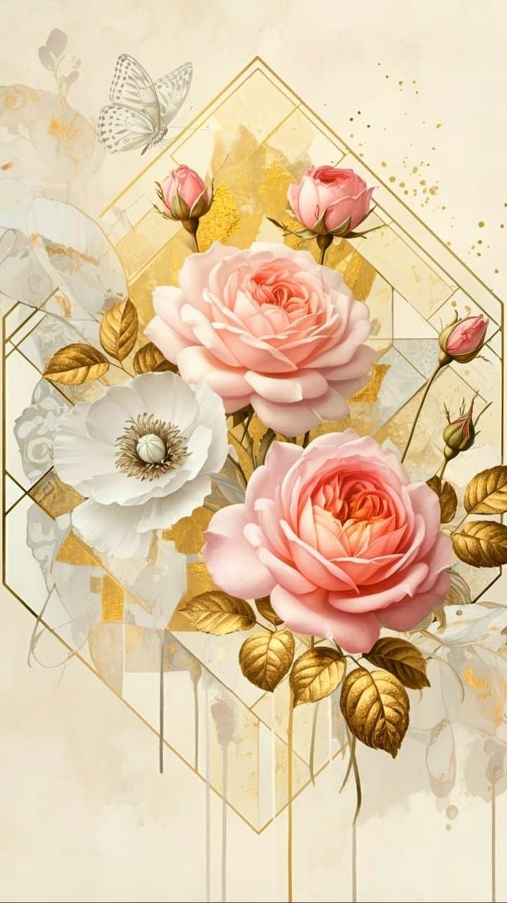 Geometric Mosaic Watercolor Poppies with Gold Splotches