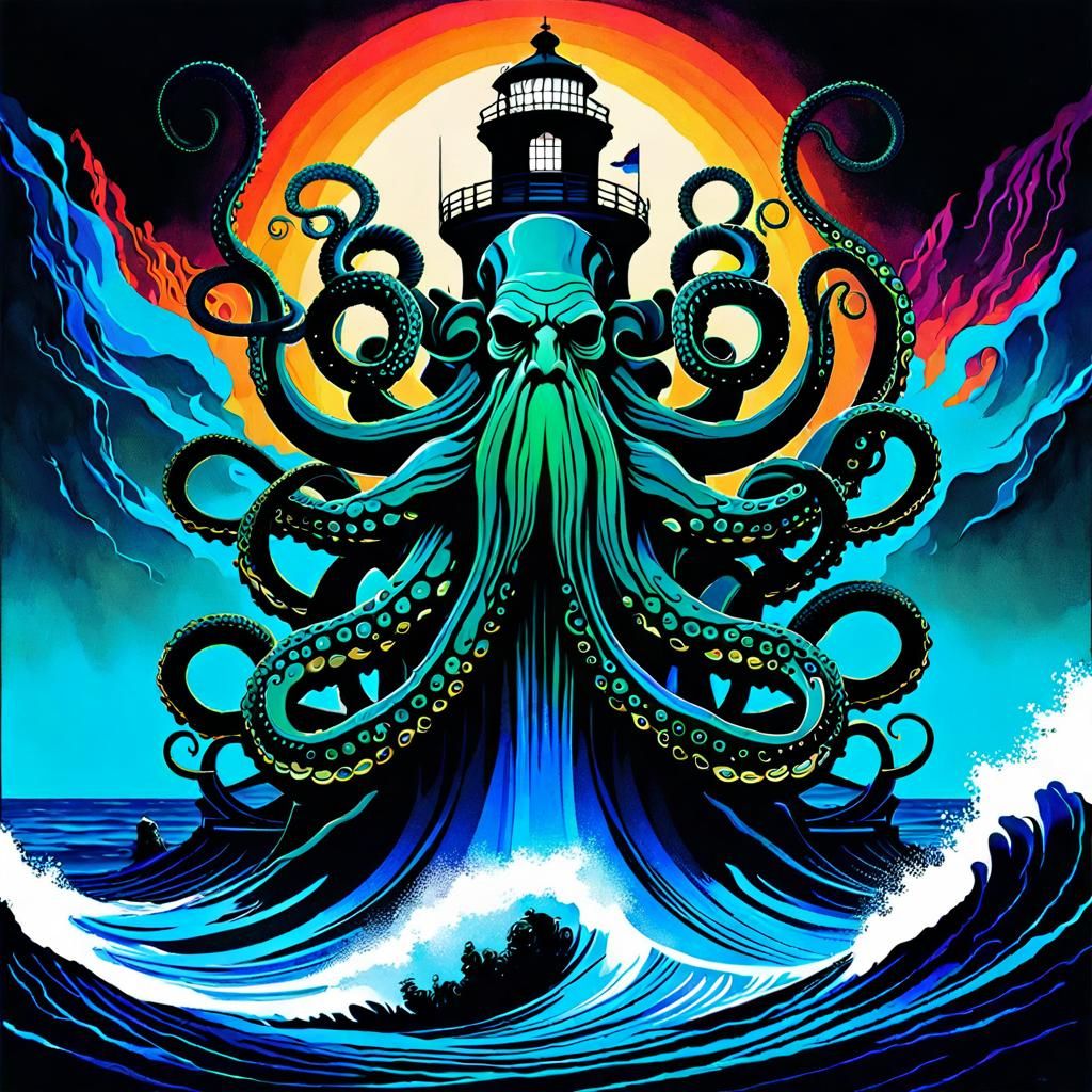 Poseidon Captured by Kraken in Glitchcore Style