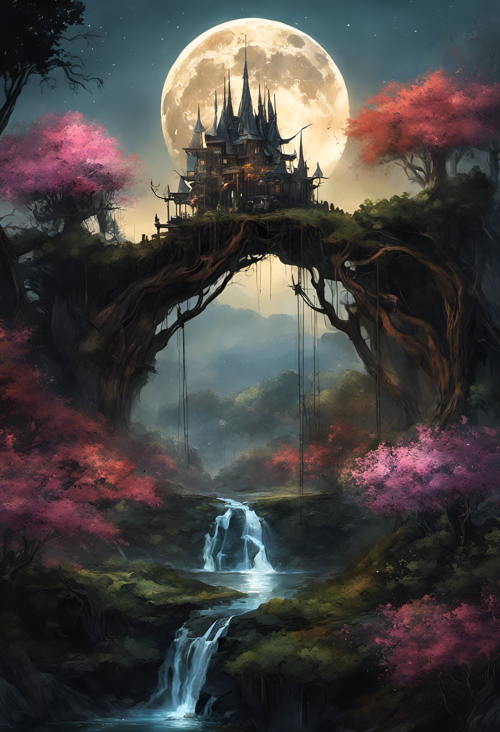 Fantasy Treehouse City Under Supermoon