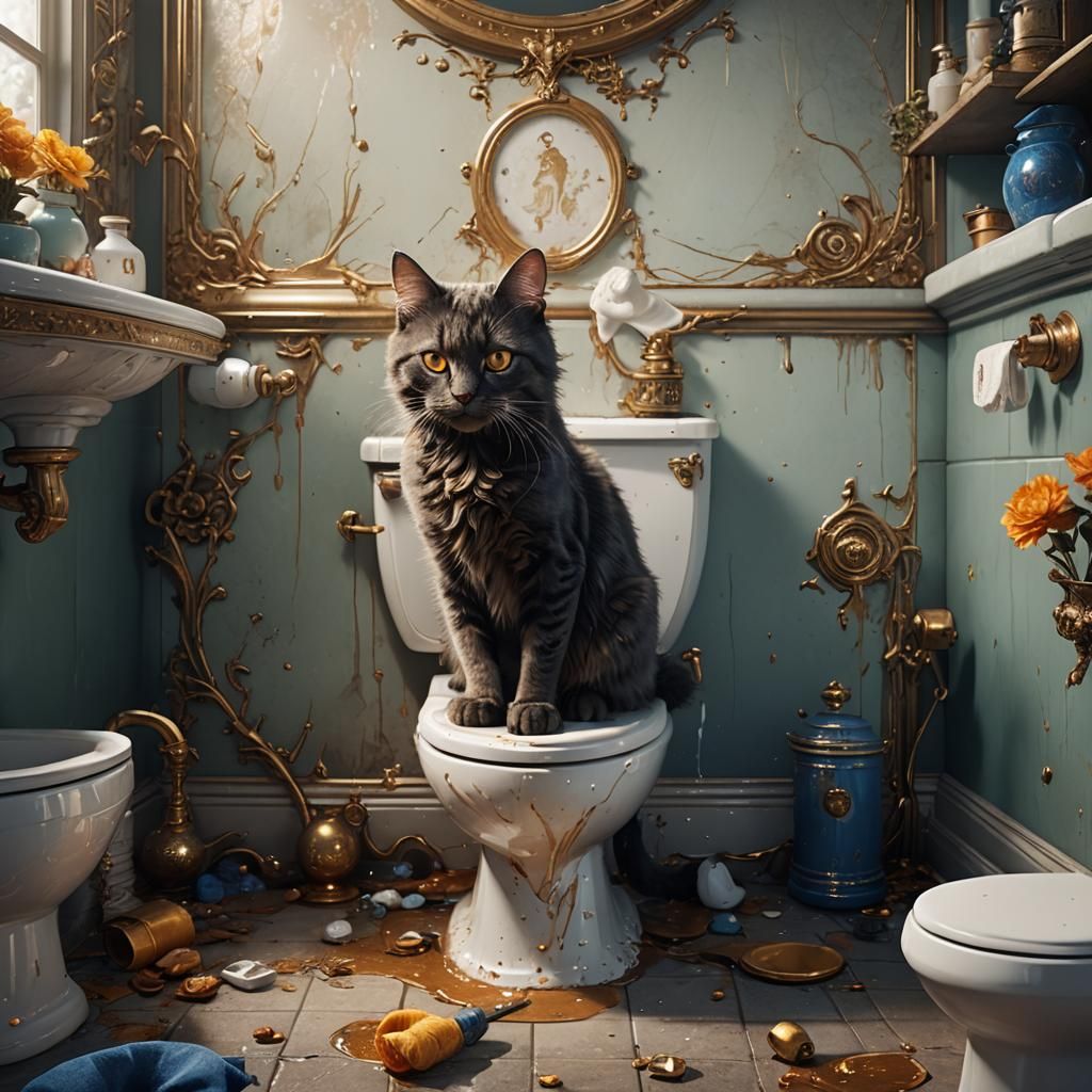 Cat Flushes Toilet: Detailed Fantasy Art