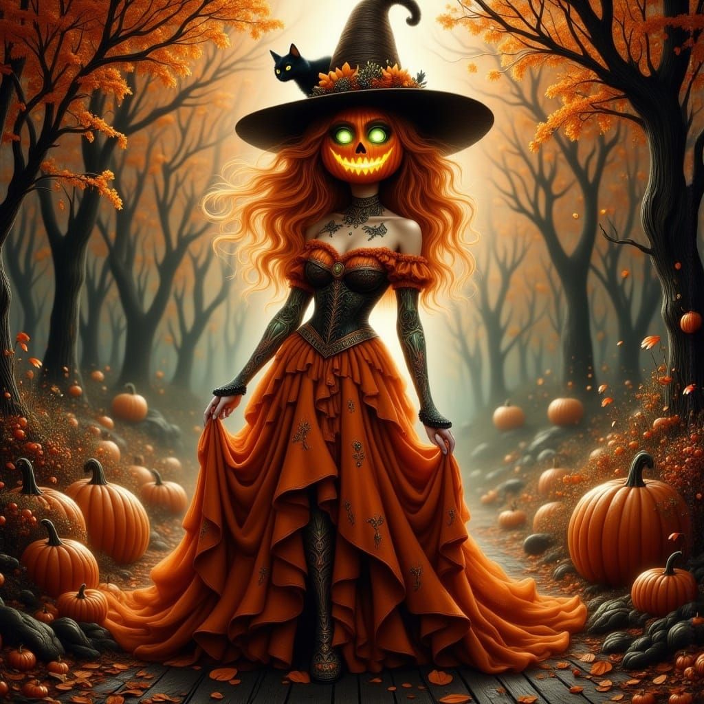 Autumnal Pumpkin Witch in Enchanted Forest