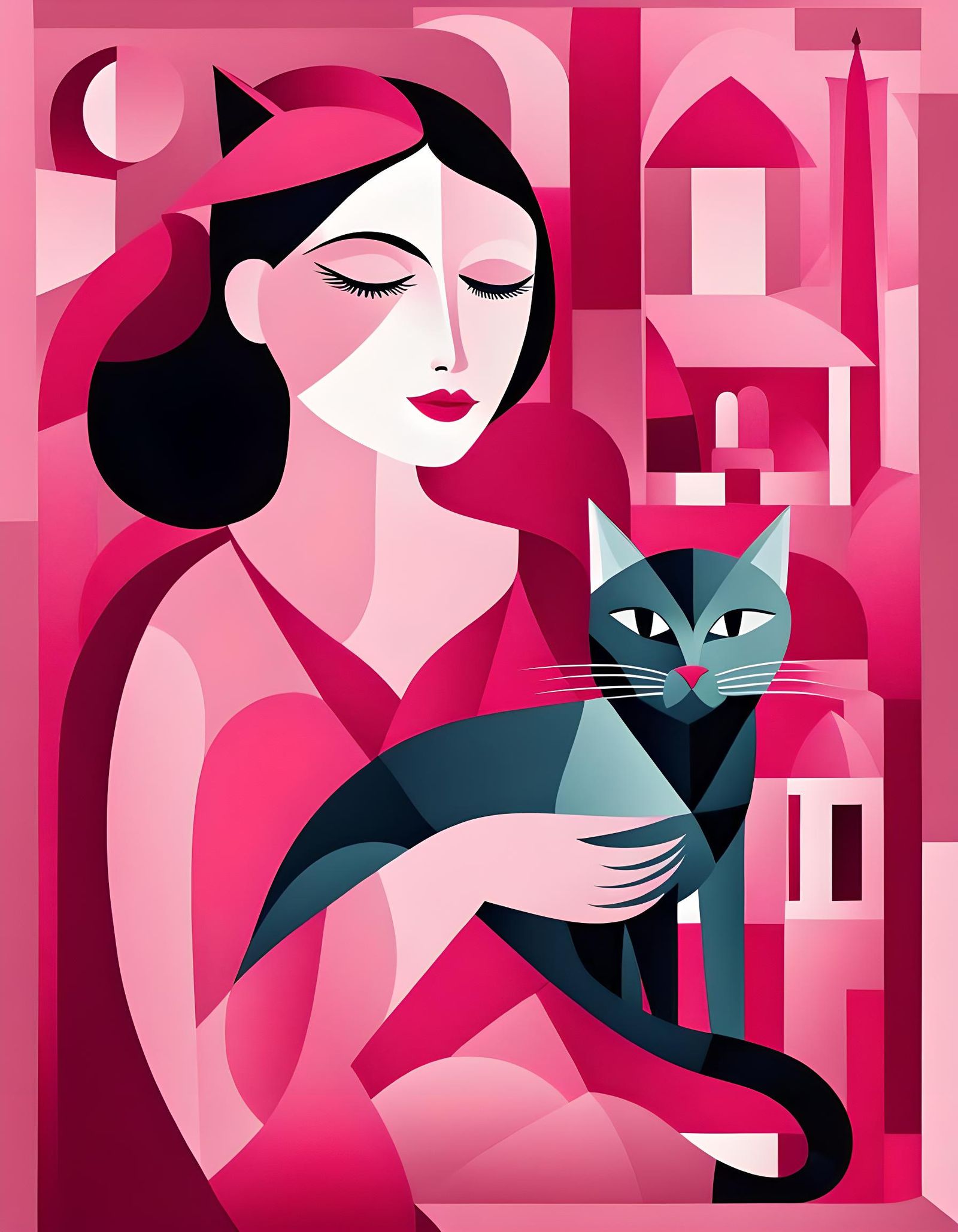 Pink Poster of Woman and Cat in Cubist Style