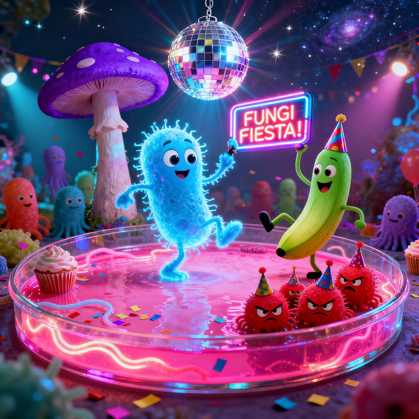 Microscopic Party in Petri Dish Cartoon Style