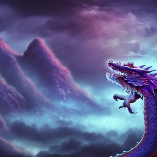 Purple Dragon in Rainy Fantasy Landscape