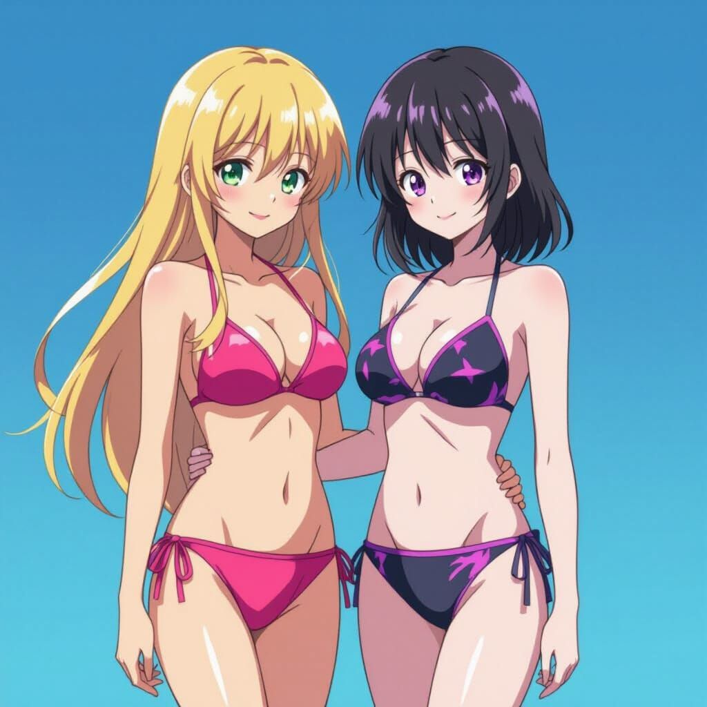 Anime Girls in Swimsuits, Vibrant Digital Art