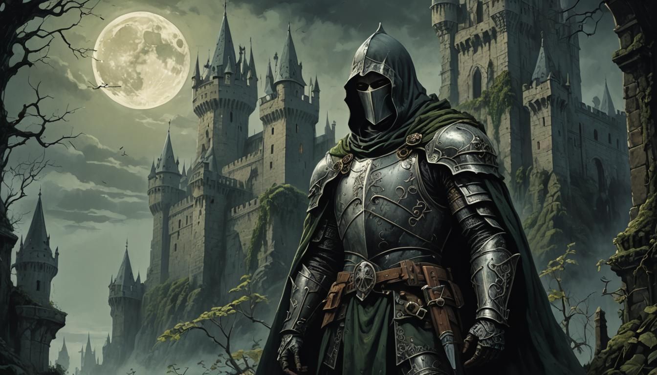 Dark Knight Stands Guard in Gothic Fortress