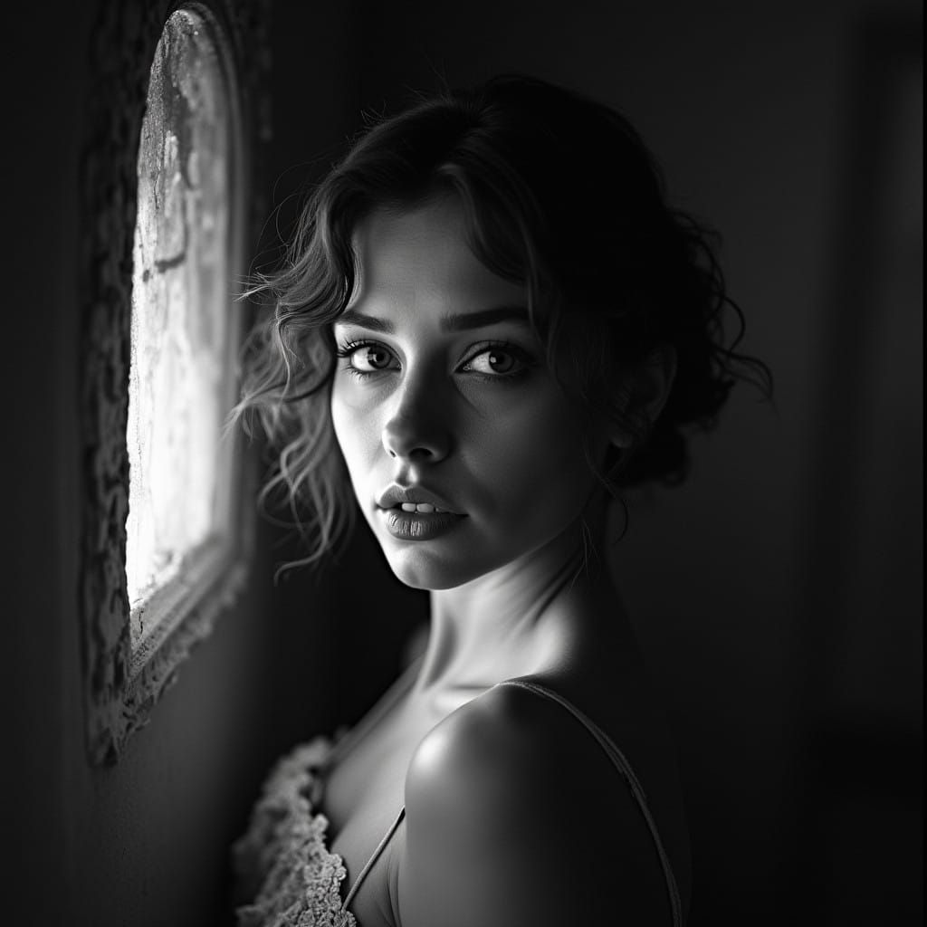 Moody Black and White Portrait in a Mysterious Setting