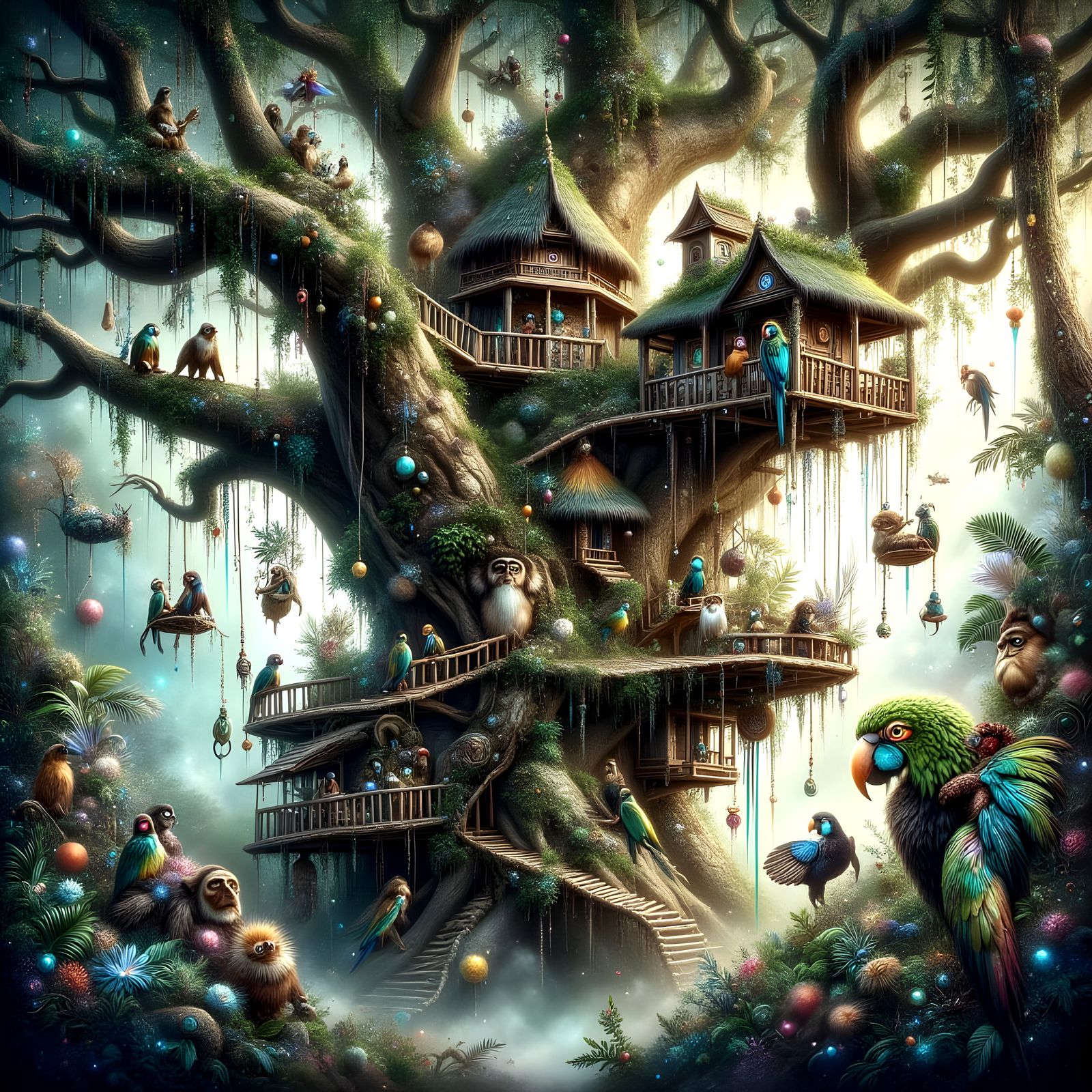 Ancient Treehouse Village in Exotic Jungle Landscape