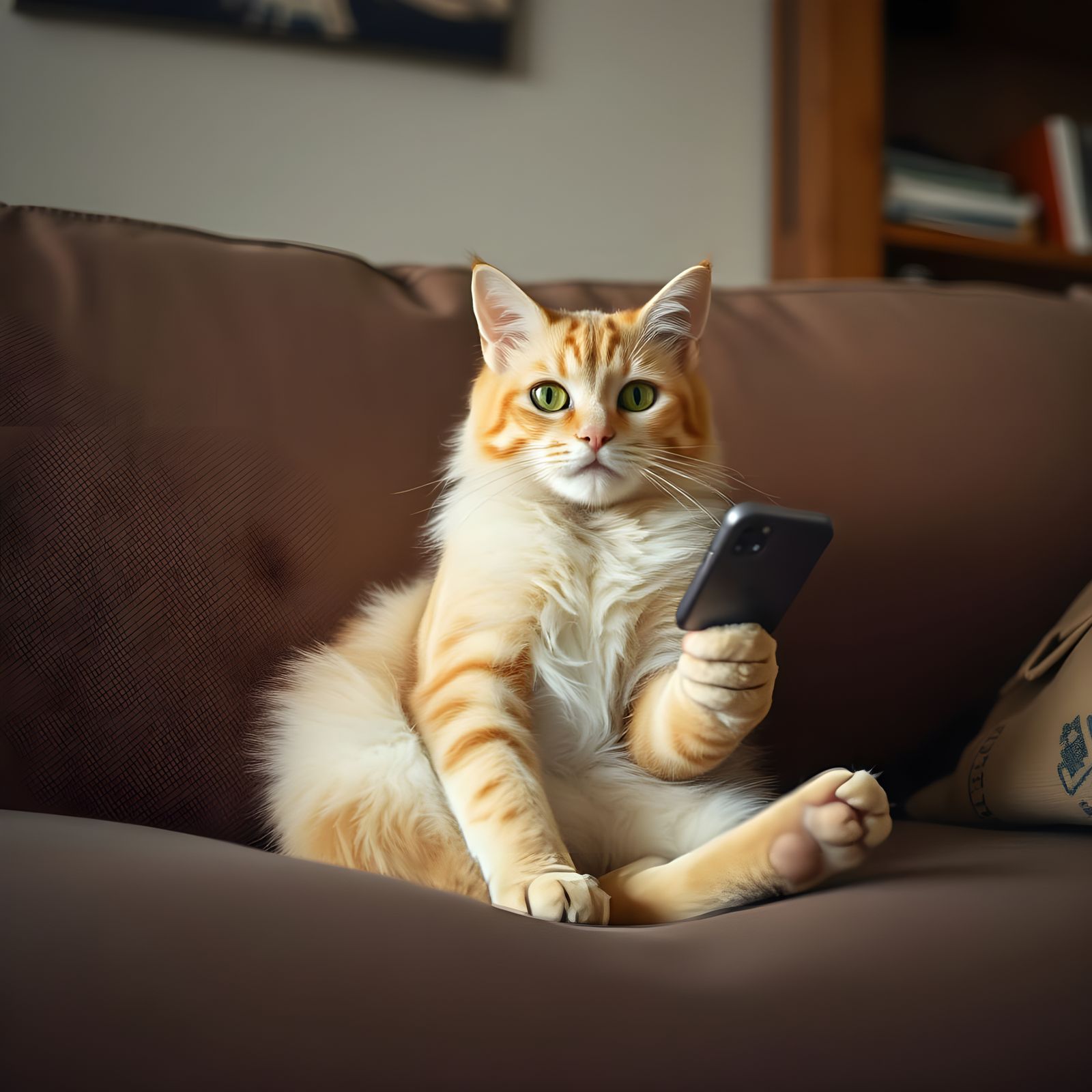 Hissing Cat on Sofa with Phone and Remote