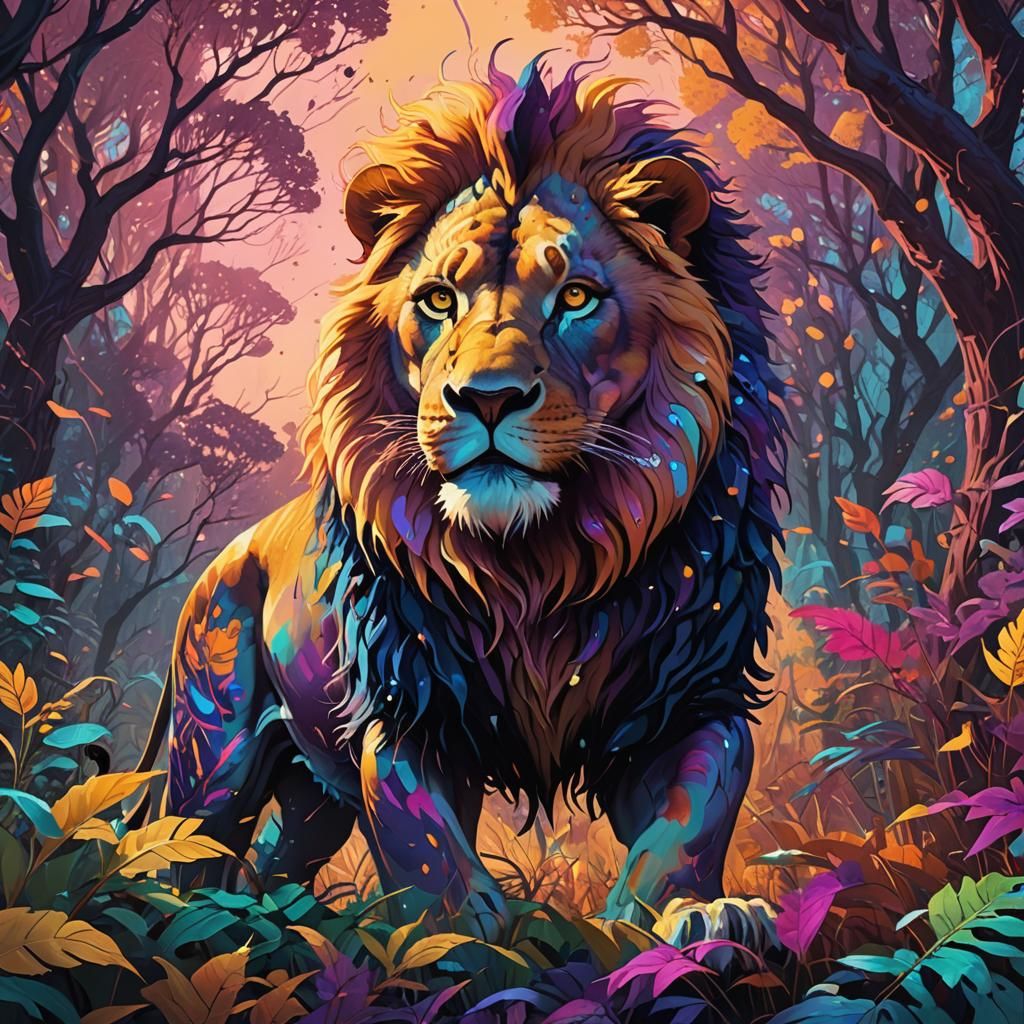 Lion Devouring Karambo in Psychedelic Jungle