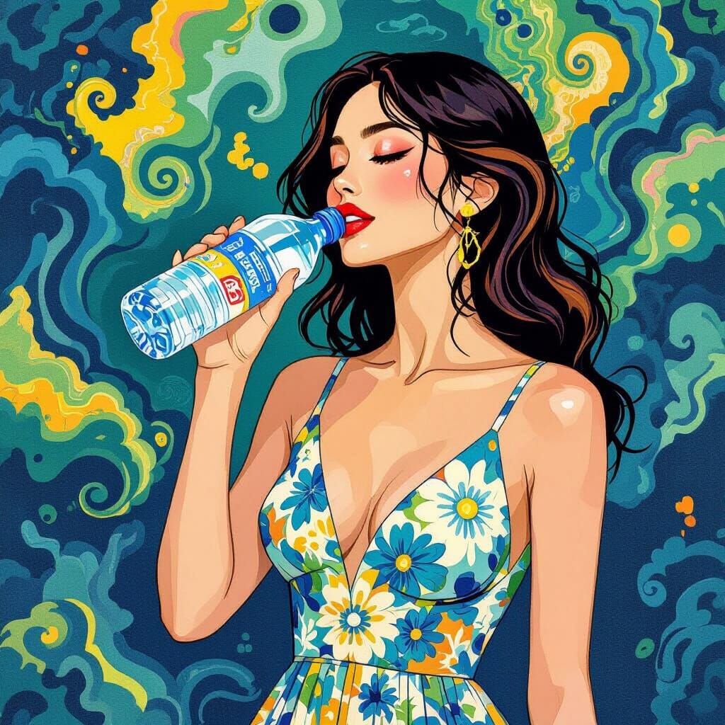 Woman in Sundress with Abstract Pop Art Background