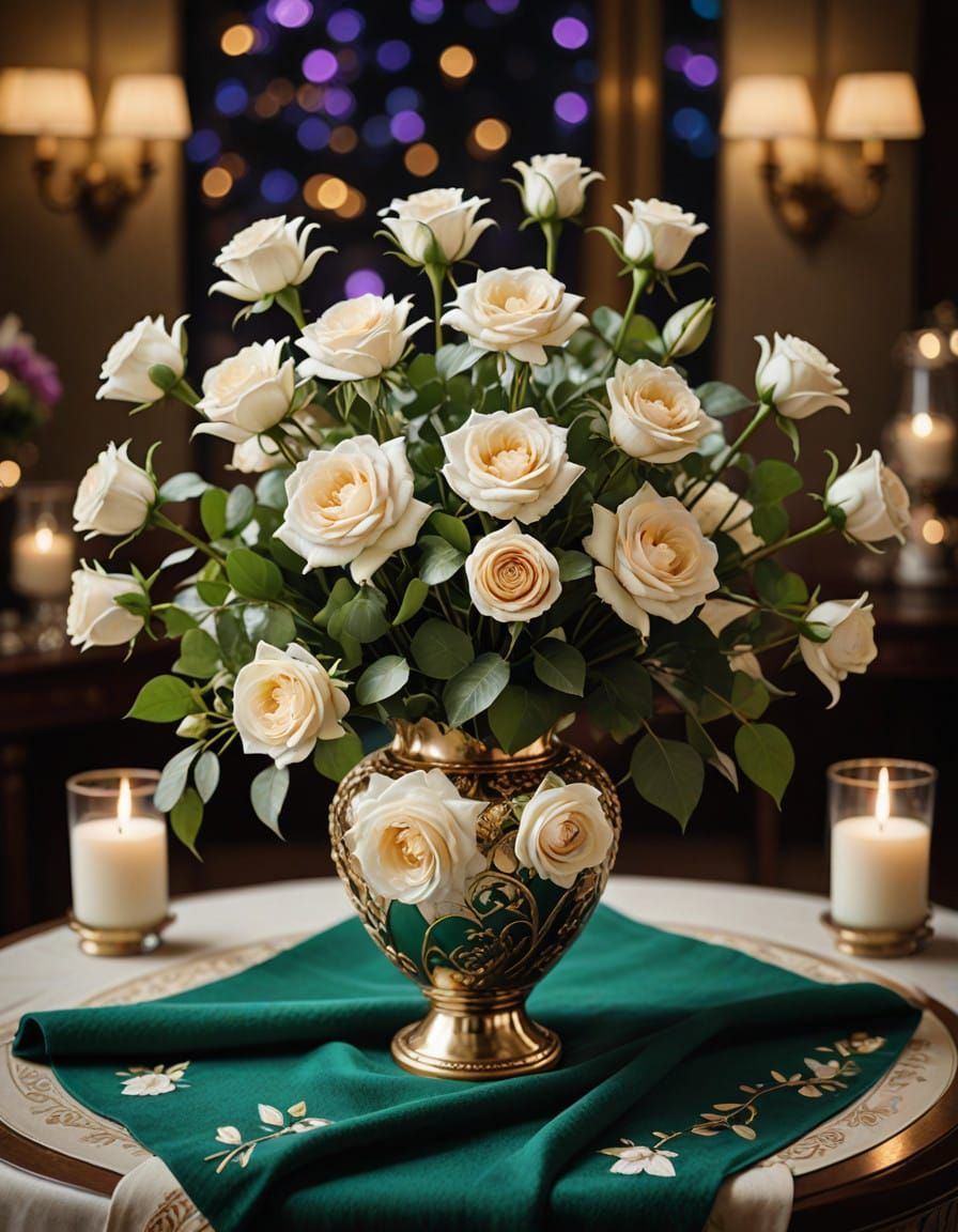 Luxurious Kintsugi Vase with Roses and Jewels in Opulent Set...