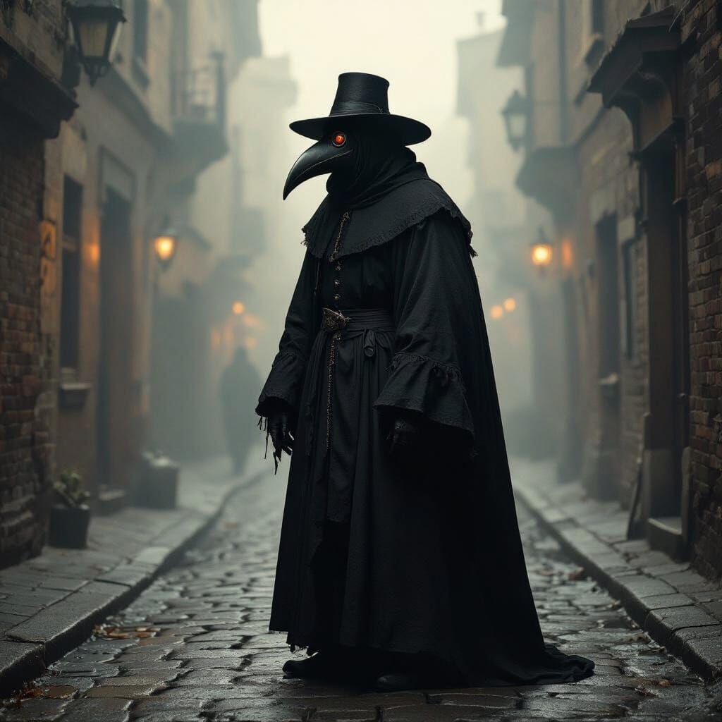 Plague Doctor in Foggy Street, Rembrandt Style