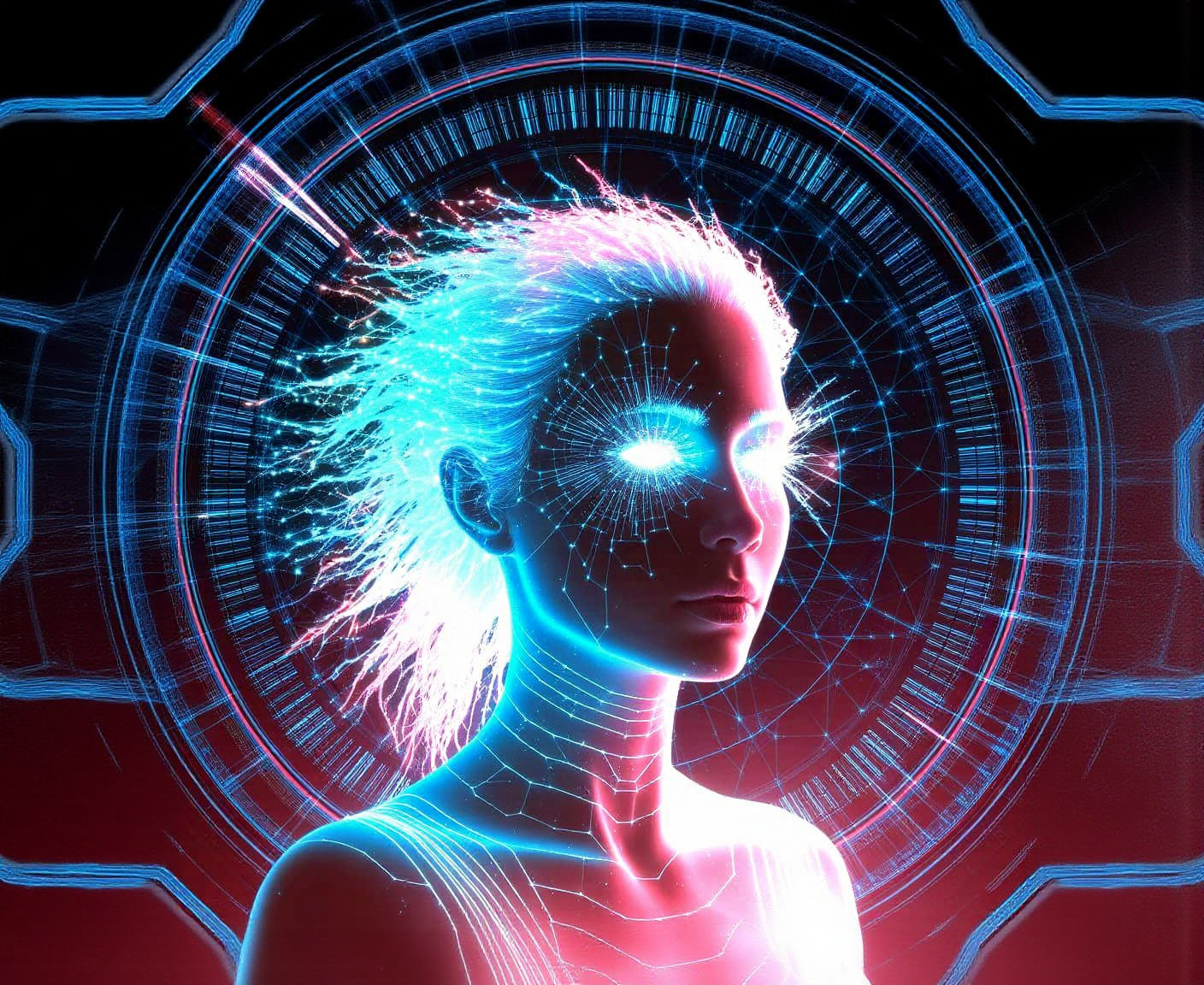 Bioluminescent Woman with Digital Glitch Art