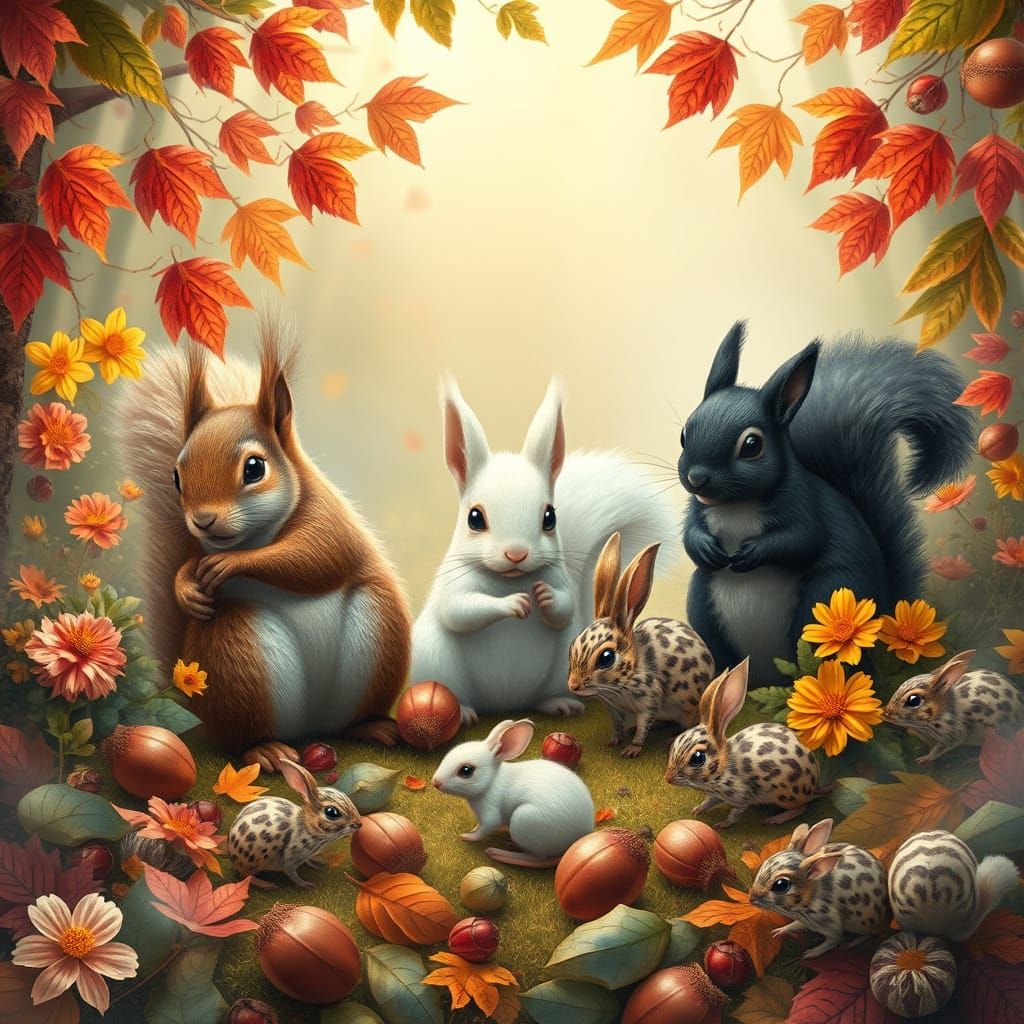 Vibrant Whimsical Forest with Giant Squirrel and Playful Cre...