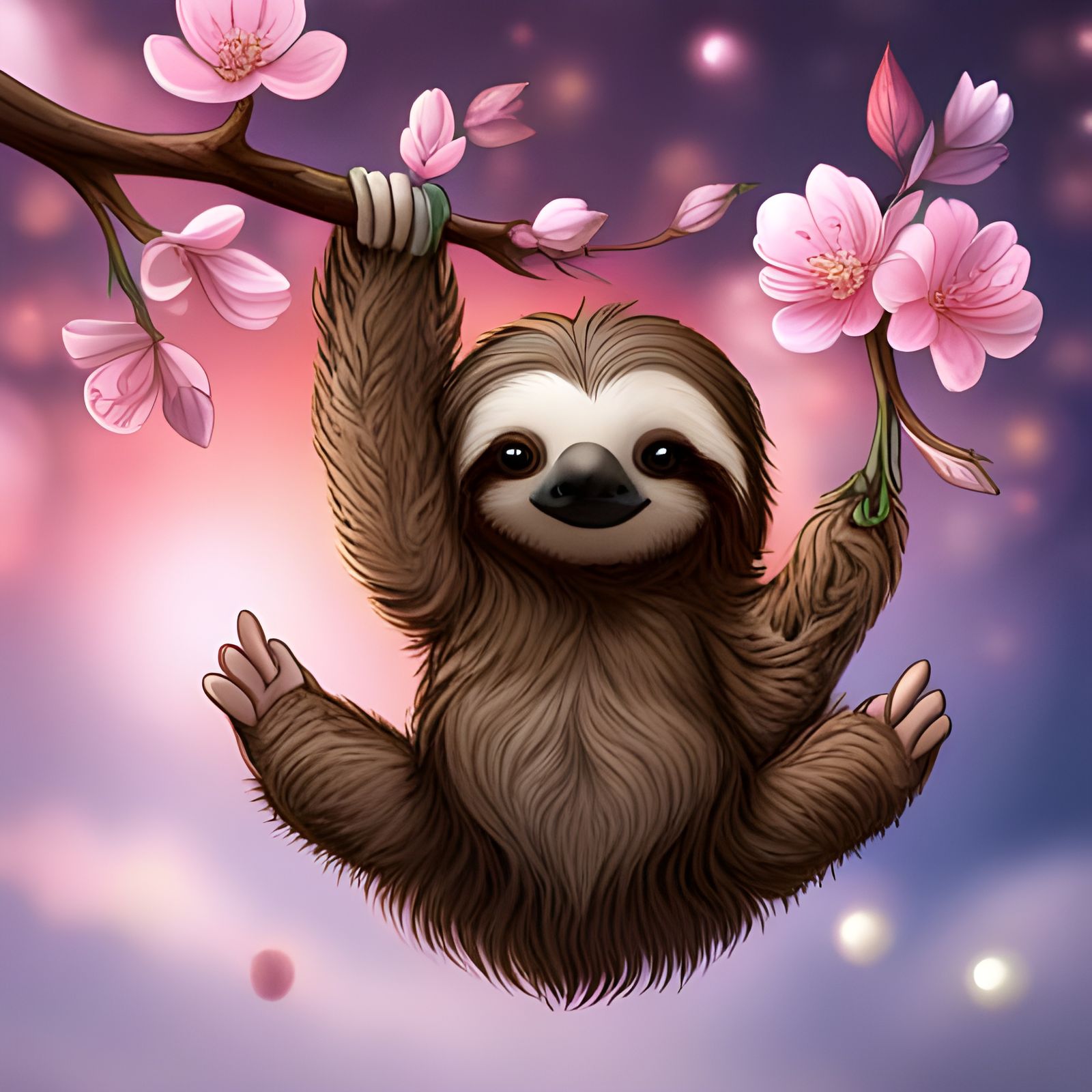 Cute Sloth in Cherry Blossom Tree, Fantasy Art