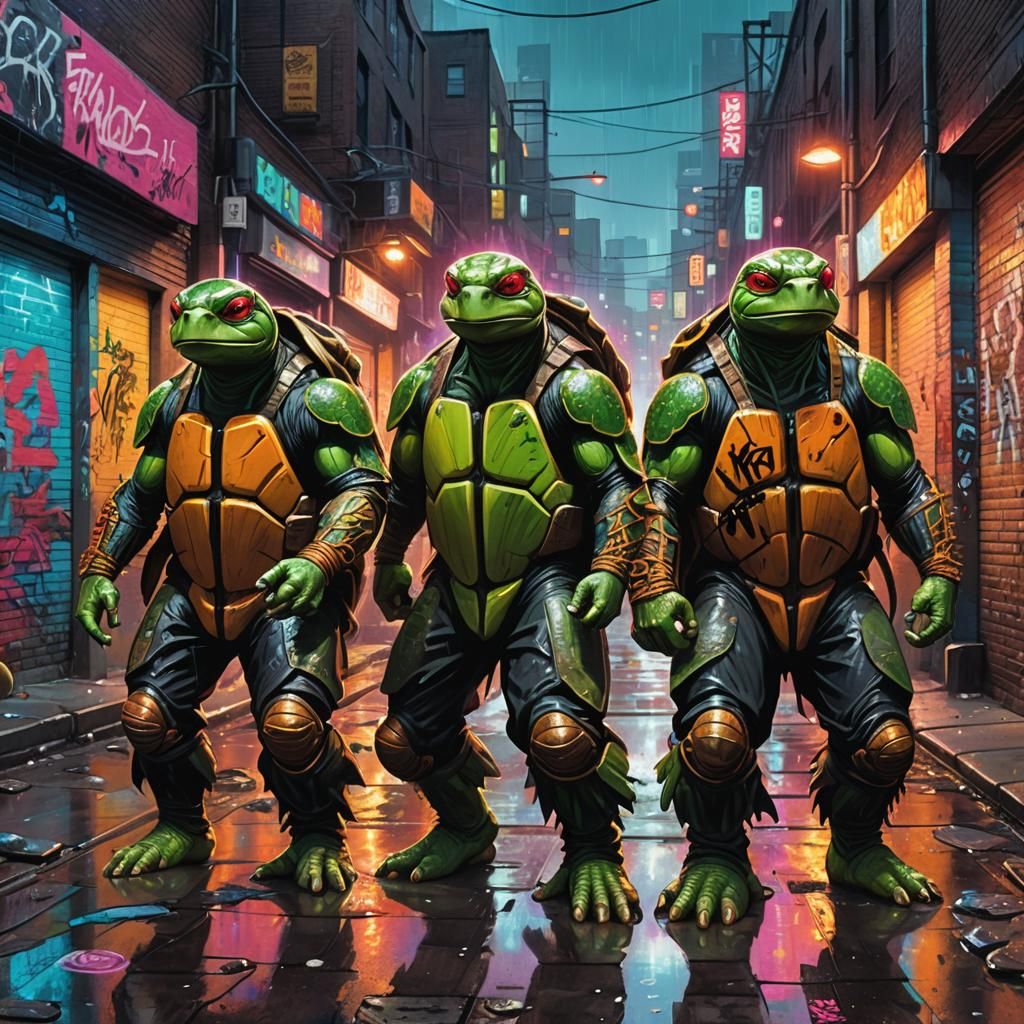 Hyperrealistic Ninja Turtles in Graffiti Alley