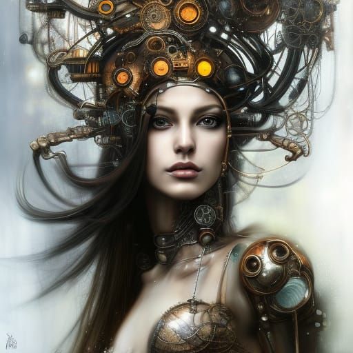 Steampunk Queen-Goddess Portrait with Luminous Sparkles