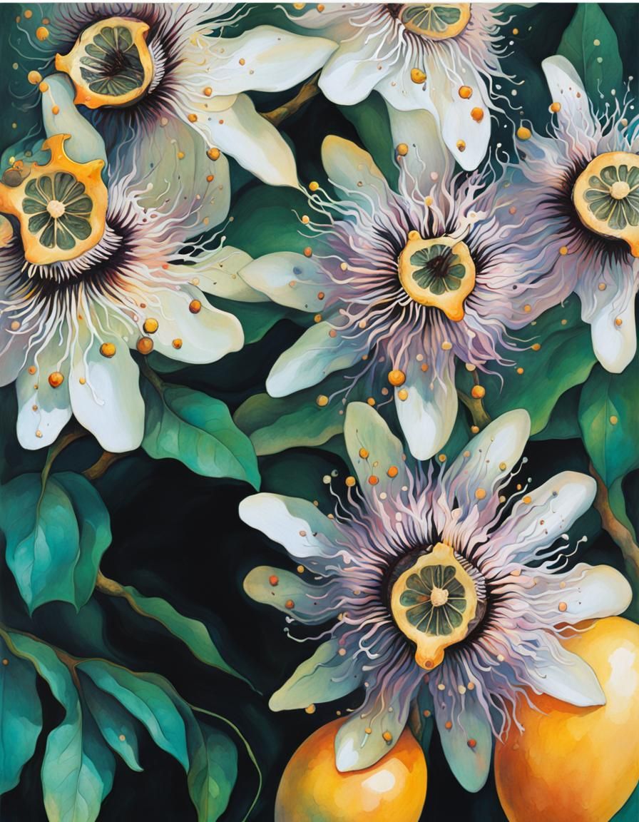 Psychedelic Passionfruit Flowers in Splatter Impasto Style