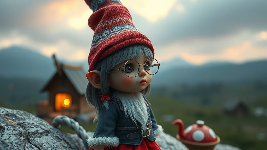 Playful Gnome in Surreal Digital Art Landscape
