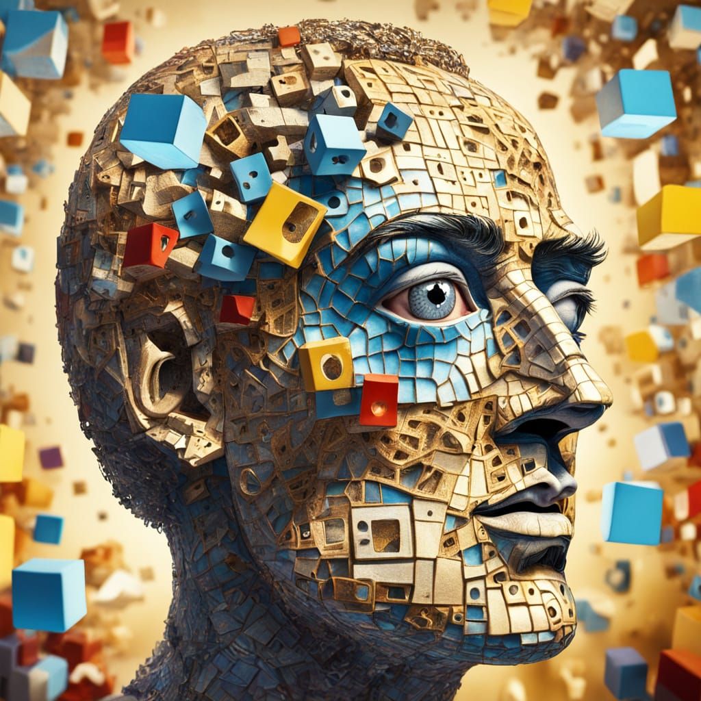 Human Head Disintegrating into Abstract Geometric Patterns